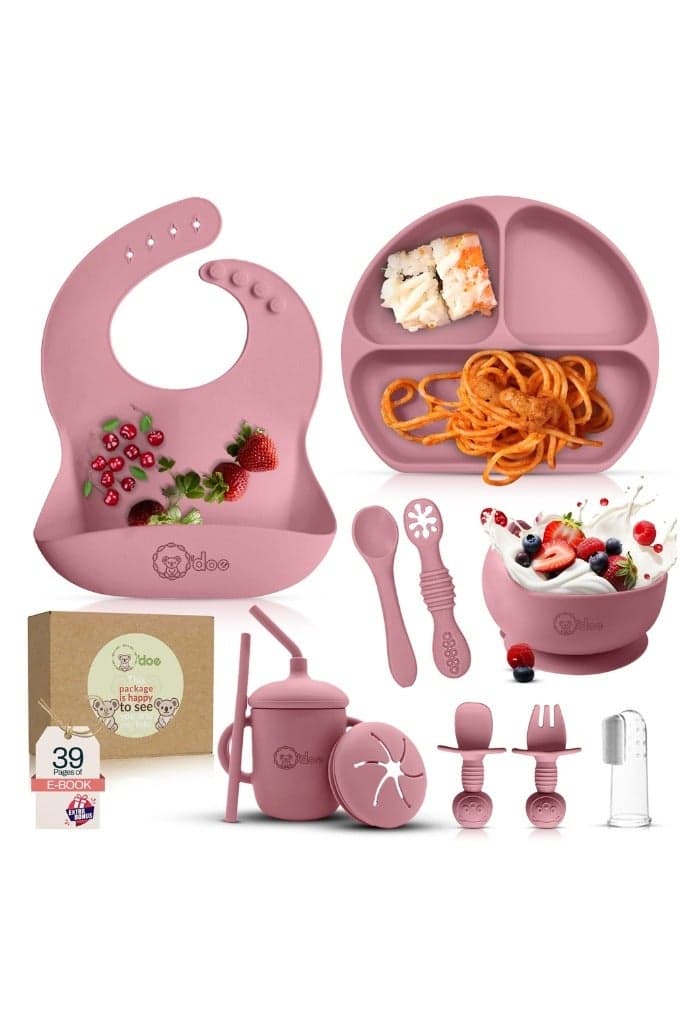Baby Led Weaning Feeding Supplies for Toddlers, O'doe Baby Feeding Set | Suction Silicone Baby Bowl-Self Eating Utensils Set with Spoons, Bibs, Toddlers Spoon Set | Plate Kit | Set of 11