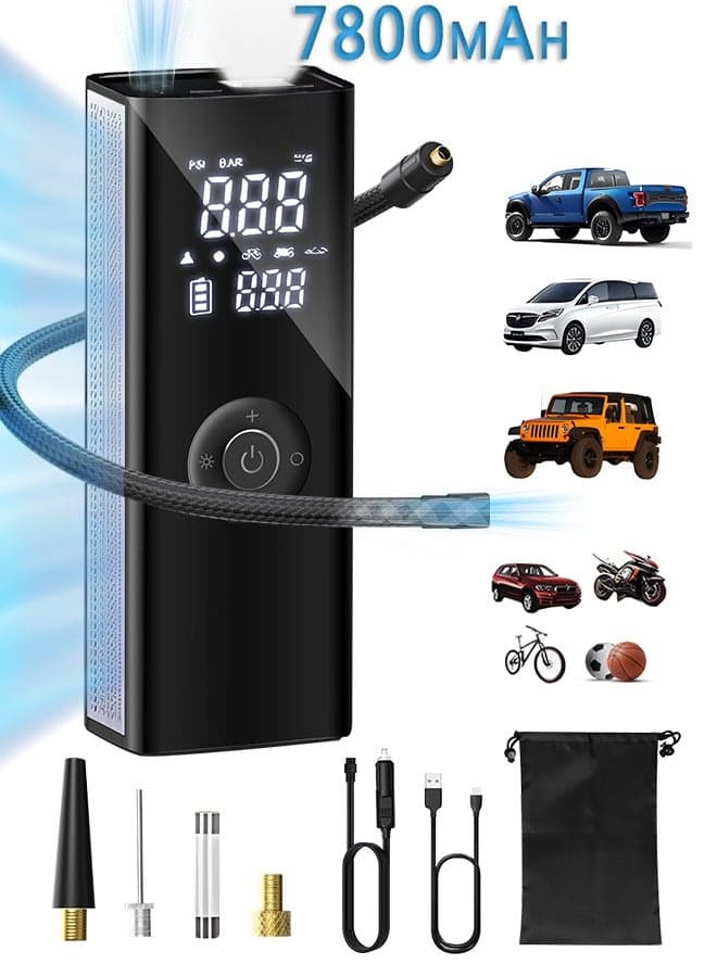 Air Compressor Portable Tyre Inflator,25mm Cylinder Electric Tire Inflator with 7800mAh Battery/Digital Display/LED Light,150PSI Strong Cordless Air Pump for Truck,RV, pickup Trucks,Motorcycle,Ball