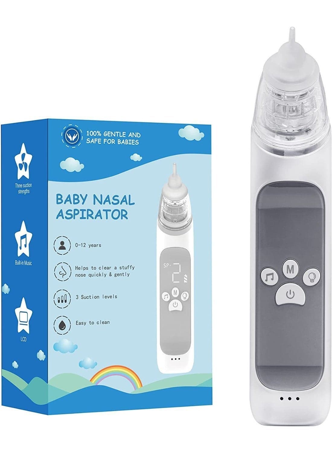 Electric Baby Nasal Aspirator with LED Display, 3 Suction Levels Rechargeable Nose Cleaner with Music Light, Anti-Backflow 3 Soft Silicone Tips for Newborns & Toddlers 0-12 Years