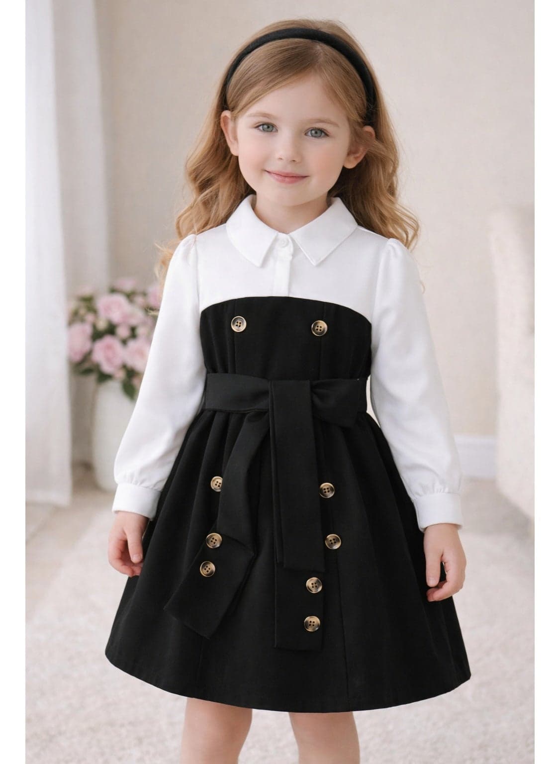 Girls Dress 4-5 Years | Elegant Collared Party Dress with Belt & Button Detail | Green & Black Color Options | Long Sleeve Kids Casual & Occasion Wear