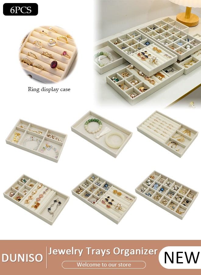 Stackable Jewelry Trays Organizer, Closet Drawer Accessories Tray Set of 6 Drawer Organizer for Earring, Ring, Gadgets & Cosmetics, Display Organizer Necklace Storage Showcase Bracelet Removable Tray