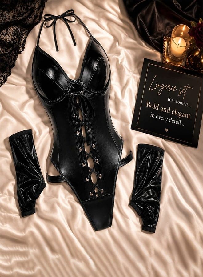 Women’s Faux Leather Bodysuit Backless – Sexy Lingerie One-Piece with Lace-Up Front and Matching Gloves – Black Wet Look Teddy B152