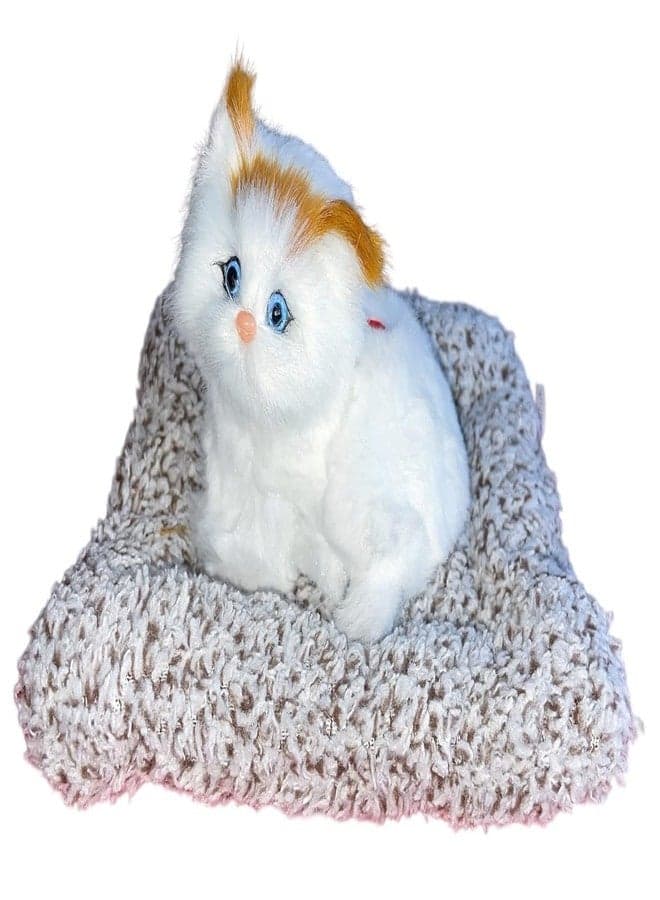 TREK TOYS WORLD Open Eye Cat Plush Toy with Press Simulation Sound, Open Eye Cat Stuffed Animal Toys with Sound for Kids Car Dashboard & Office Desk Decoration (White & Brown)