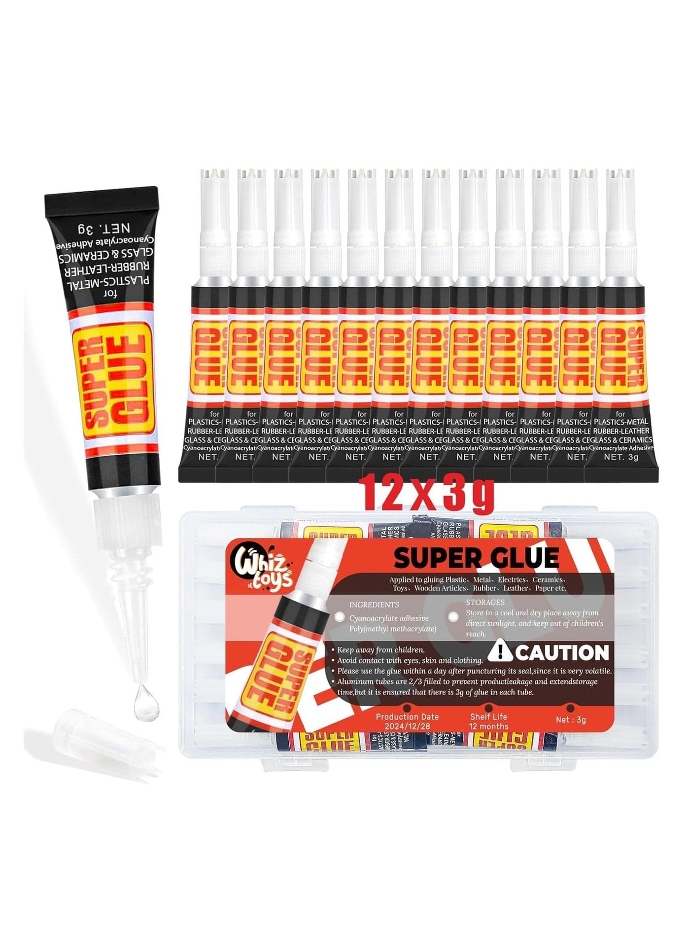 Super Glue Extra Strong, 12-Pack 3g Tubes, Multi-Surface Adhesive for Plastic, Metal, Glass, Ceramics, Fast-Drying