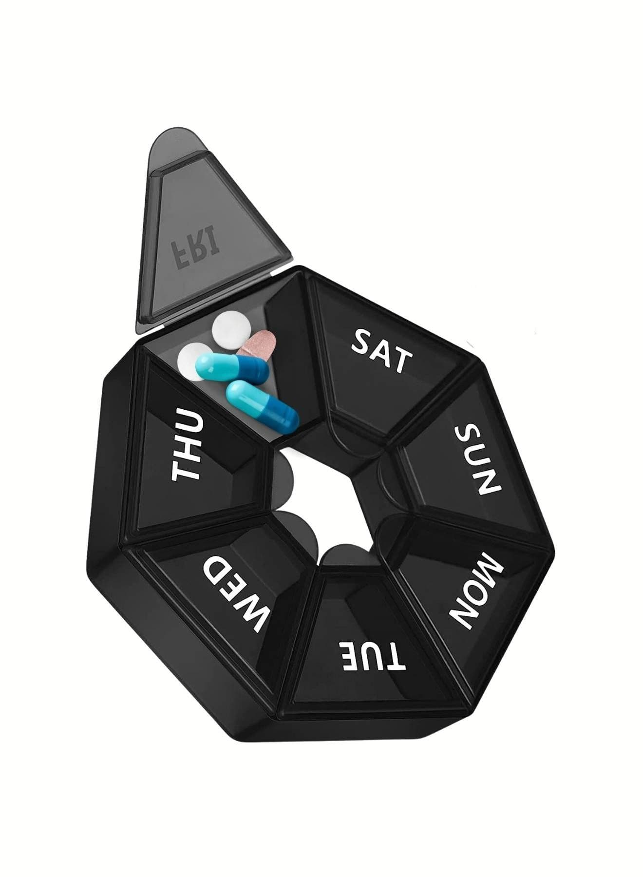 7 Day Weekly Pill Organizer Black, Never Miss a Dose with Large Pill Box, Portable Pill Holder for Vitamins Tablets & Fish Oil Capsules, Holds 10 Aspirin-Sized Pills