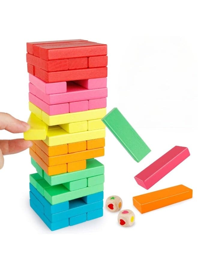 48 Pcs Wooden Blocks Stacking Game with Storage Bag, Toppling Colorful Tower Building Blocks Balancing Puzzles Montessori Toys Learning Sorting Family Games, Educational Toys Gifts for Kids