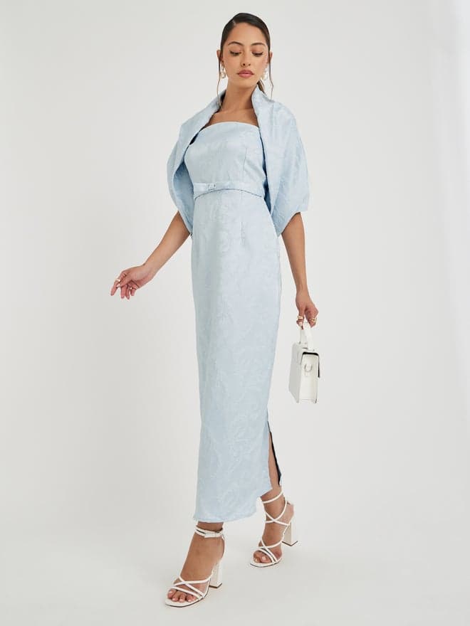 Styli Jacquard Bardot Neck Sheath Maxi Dress with Cape Overlay