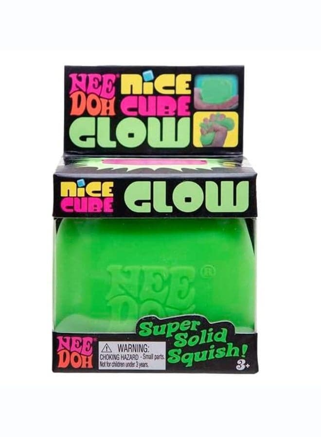 NeeDoh Nice Cube Glow Green Squishy Sensory Fidget Toy, Glow in The Dark Stress Relief Squeeze Cube, Super Solid Squish Tactile Sensory Toy for Kids and Adults, Anxiety Relief, Ages 3+