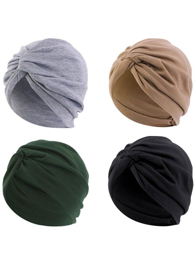 4 Pieces Turbans for Women, Soft Pre Tied Knot Turban Stretchy Head Wraps Chemo Headwear Pleated Beanie Cap Sleep Hat for Women Girls