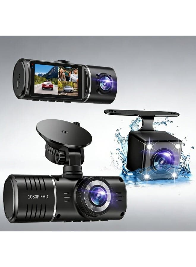 Dash Cam Front and Rear, 1080P Dash Camera for Cars, 3 Channel Car Camera Front Rear and Inside with 32GB Card, Loop Recording, Night Vision, HDR, 24Hr Parking, G-Sensor