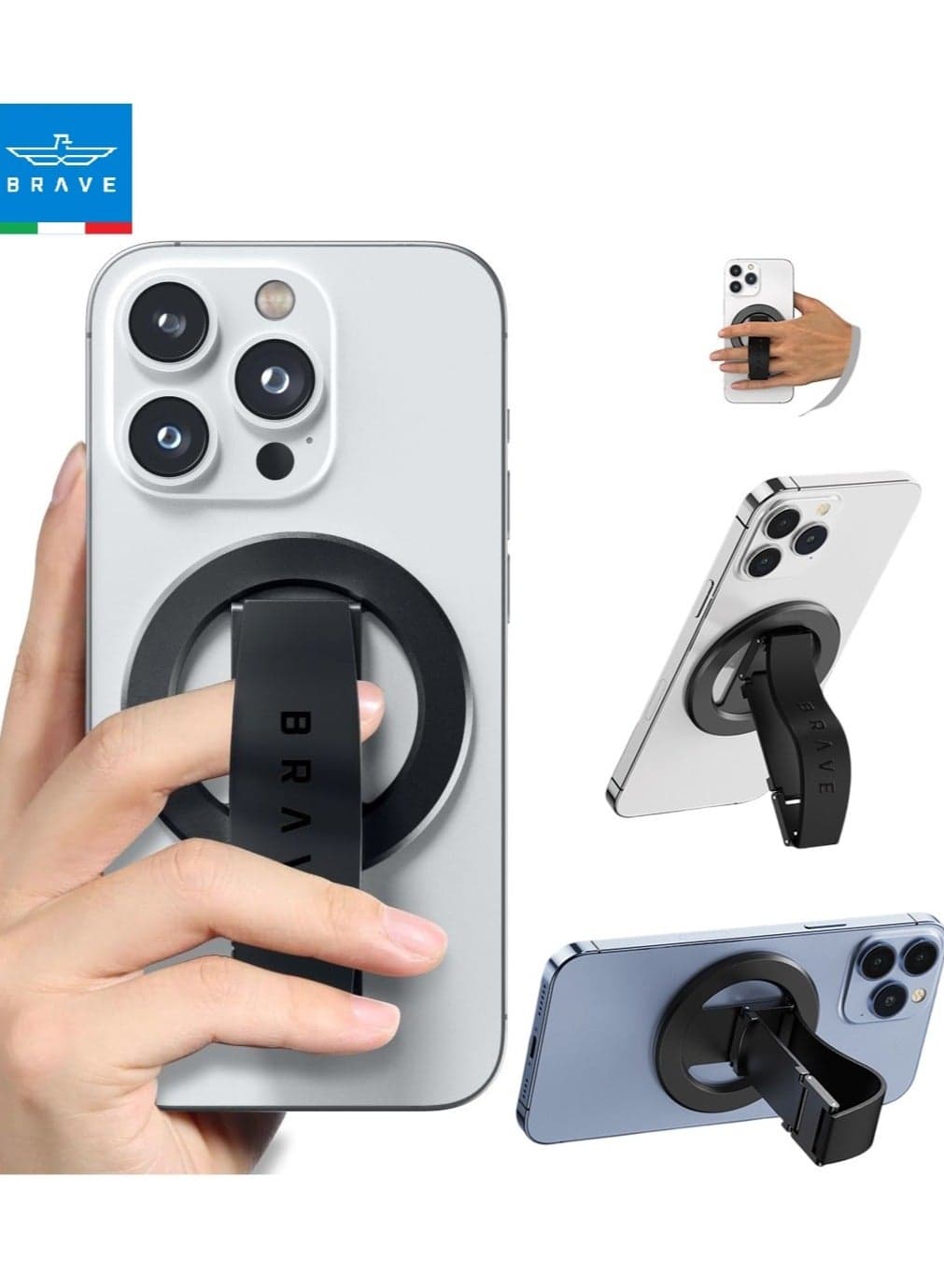 3-in-1 Magnetic Phone Grip & Kickstand – Strong Magnetic Grip, 360° Rotatable Finger Strap, N55 MagSafe Ring Holder, Removable Magnetic Base, Universal Mount for iPhone Air, iPhone 17 / 17 Pro / 17 Pro Max / 16 / 15 / 14 / 13 / 12, Samsung Galaxy S22 / S23 / S24 / S25 / S25 Ultra, All iOS & Android Devices – Portable Desktop & Tablet Holder, Black