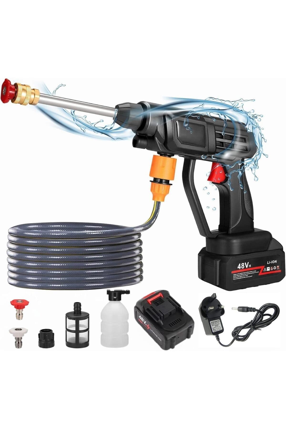 48V Cordless High‑Pressure Washer (3‑Pin) – Portable Electric Car Washer with Adjustable Nozzles, Extension Wand, Foam Bottle, 5 m Self‑Priming Hose, Dual Battery Ready