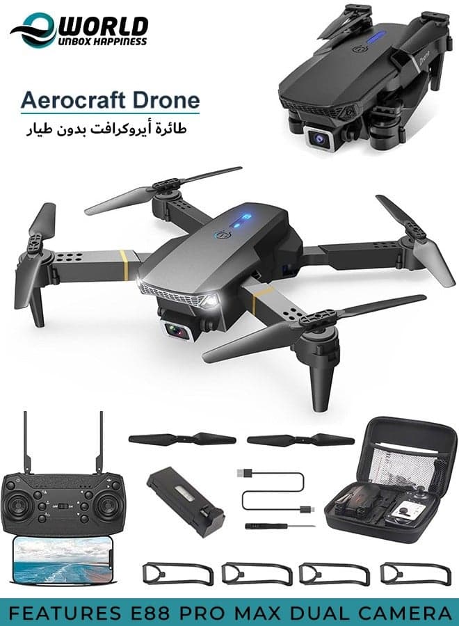 Foldable quadcopter drone E88 Pro Max with dual 4K camera for adults, remote control drone featuring gesture photography, 3D flips, waypoint flight, altitude hold, long control range, battery and carrying case included — an ideal gift for boys, girls, and beginners.