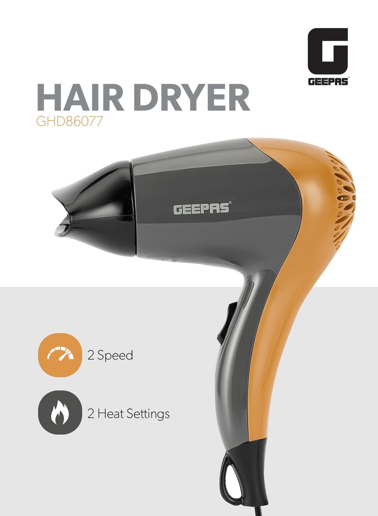 Geepas Hair Dryer With 2 Speed & 2 Heat Setting, 1200 Watt Power, DC Motor, With Concentrator, Hang Up Hook,
