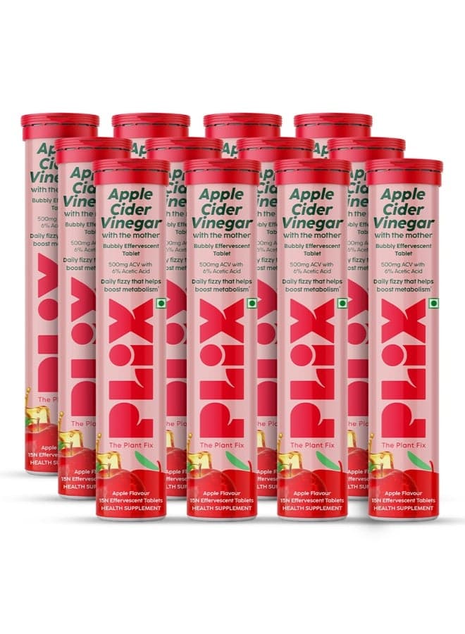 PLIX - THE PLANT FIX Apple Cider Vinegar 15 Effervescent Tablet, ACV with the mother, Supports regular metabolism, Vitamin B6 & B12, Pack of 12 (Apple), Plant-based, Easy to carry & consume