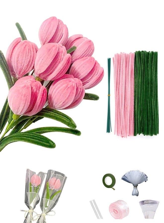 Tulip Pipe Cleaners for Craft, 30cm Green and Pink Pipe Cleaners, Fuzzy Sticks Craft Supplies, Chenille Stems with Flower Pole, Flower Core & Gardening Tape, Arts & Crafts for DIY(8 Flowers)