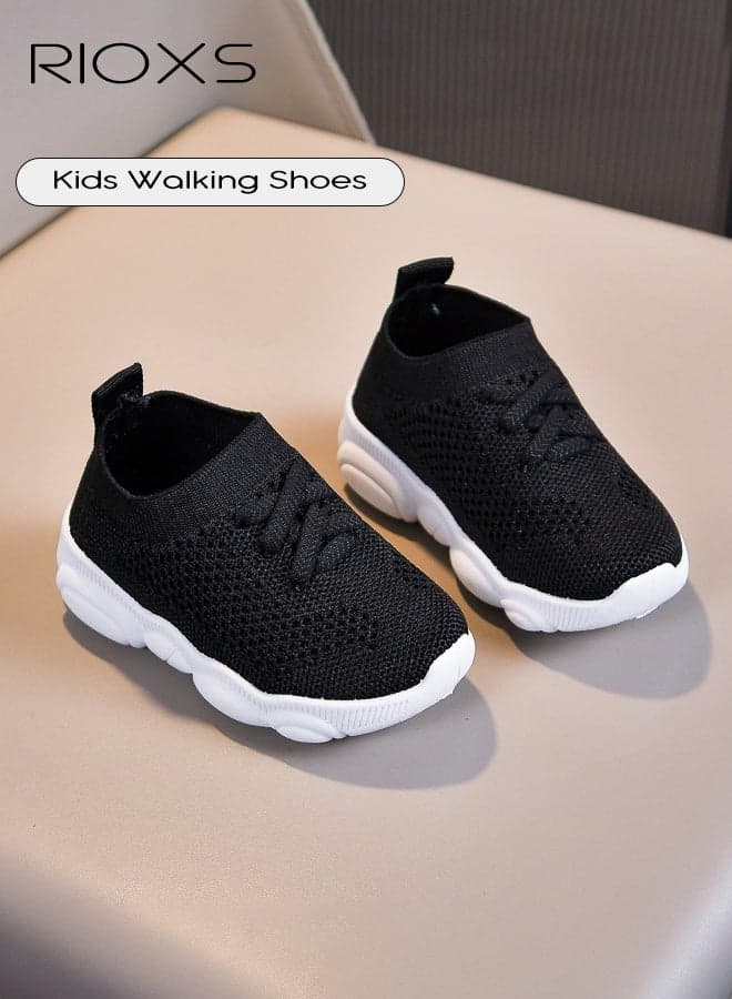 Toddler Baby Shoes, Breathable Mesh Sneakers for Little Kids, Baby Girls Boys Barefoot Shoes, Soft Comfy Pull-on Shoes, Lightweight Round Toe Walking Shoes, Casual Athletic Shoes for Boys Girls, Preschool Kids Tennis Shoes, Kindergarten Flexible Low Top Sneaker, Anti-slip Baby Sock Shoes, Black Shoes