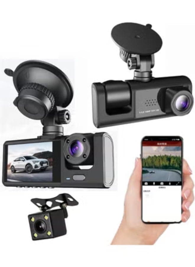 1080P 3-Lens Dash Cam with Night Vision – Front, Inside & Rear Car Camera, 32GB SD Card Included, Loop Recording, Motion Detection & Parking Guard