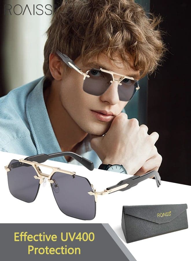Double Bridge Sunglasses for Men Women, UV400 Protection Sun Glasses, Metal Frameless Fashion Anti-Glare Sun Shades for Men Driving, Fishing, Traveling, Gold, 56mm