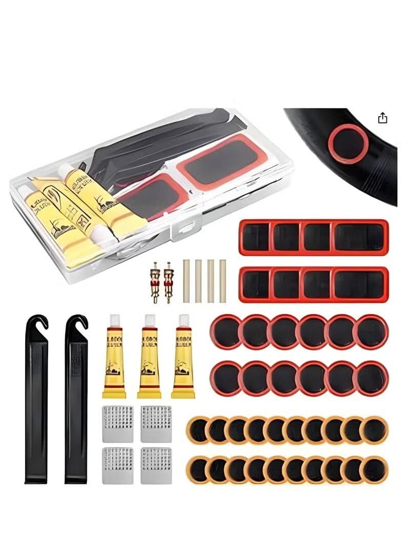 Puncture Bike Tire Repair Kit, 40 pcs Tire Patches and 4pcs Metal Rasps, 3 Tyre sealant,2 Valve,2 Crowbar,4 Rubber tube,Bicycle Tire Repair Kit, Practical Bike Tire Patch Kit Road Bike Tire Patch Tool Easy & Quick Repair for Bicycles(55pcs)