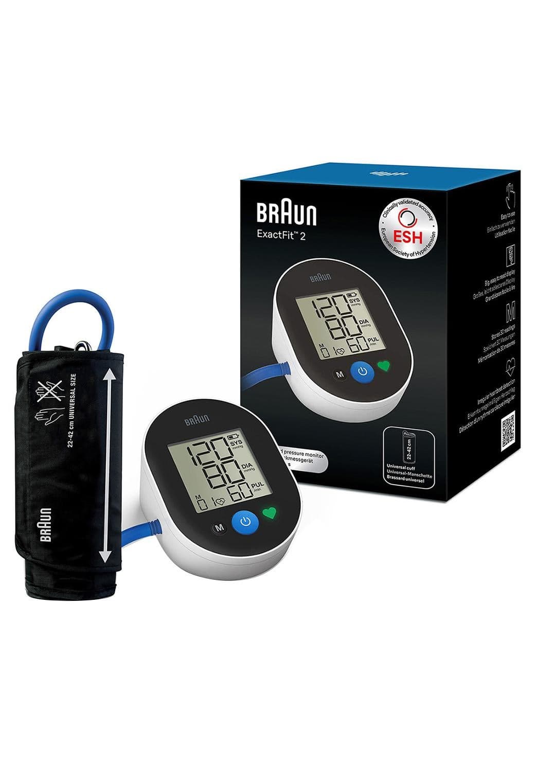 BP Monitor Exactfit 2 Upper Arm, Big And Easy To Read Color Coded Display, Single Button Operation, Universal Cuff Size, One User Profile,Stores Last 30 Readings, Access To The Braun Healthy Heart App