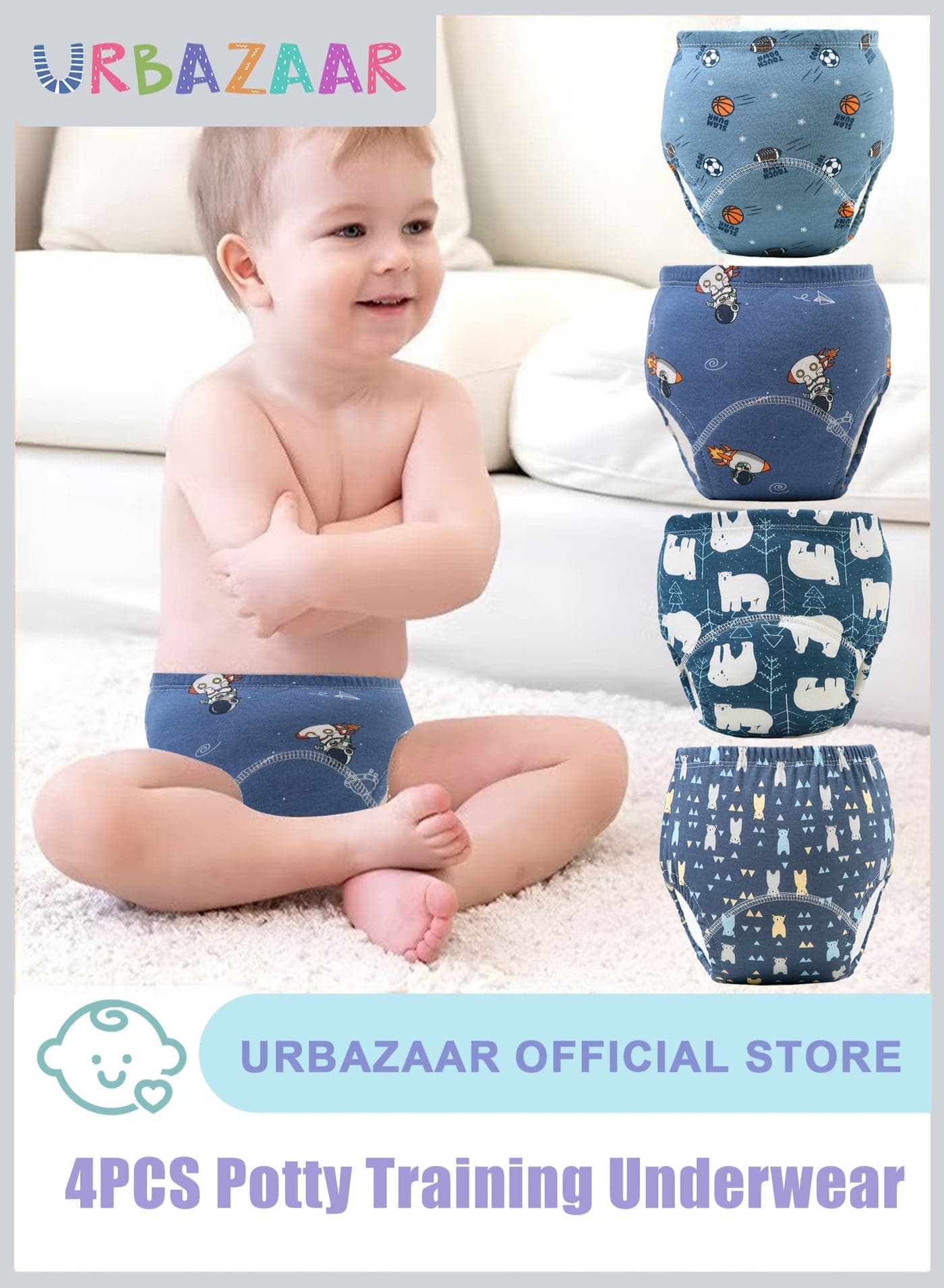 Baby Potty Training Underwear for Boys and Girls, 4 Pack Absorbent Training Pants for Toddlers with Printed Reusable Cotton Toilet Training Pants for 12-18kg Kids (2-4 Years)