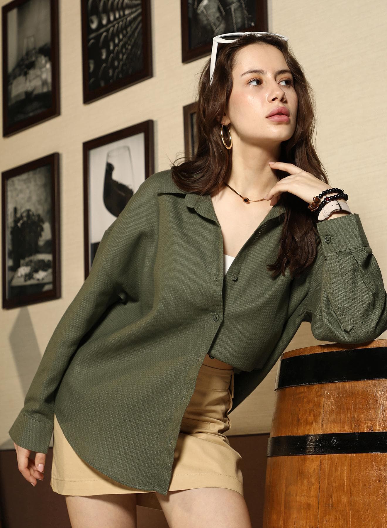 Women's Army Green Solid Canvas Oversized Shirt