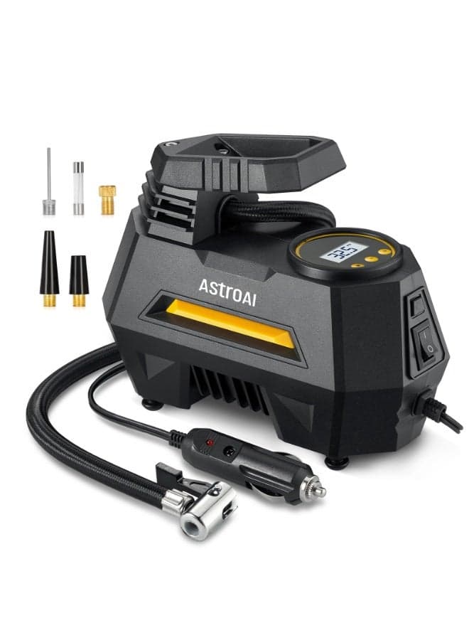 AstroAI Tyre Inflator Air Compressor 12V, Portable Electric Car Tyre Pump with Tyre Pressure Gauge, Auto-Stop Air Pump with Valve Adaptors and LED Light, Car Accessories for Gifts