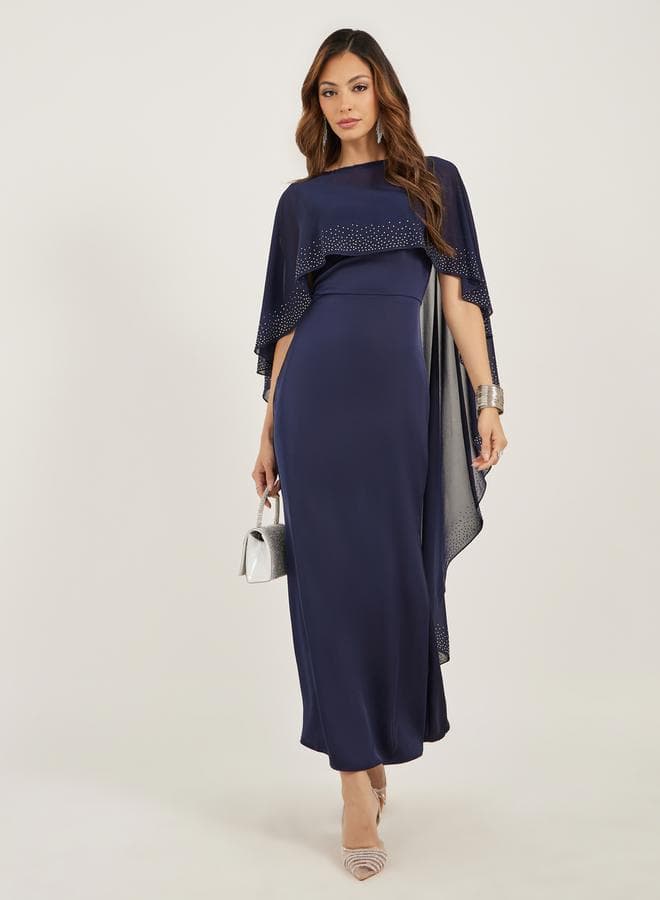 Navy Blue Embellished Cape Maxi Dress
