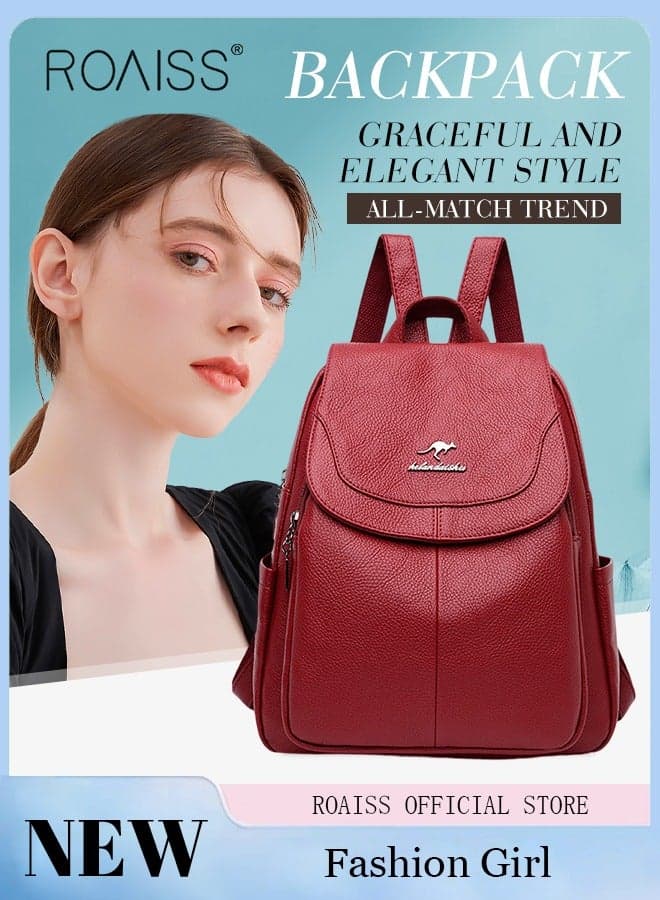 Casual Backpack Women's New All-Match Large-Capacity Soft Leather Schoolbag Outdoor Travel Backpack Ladies Bag Lightweight Waterproof Scientific Storage Backpack for Women