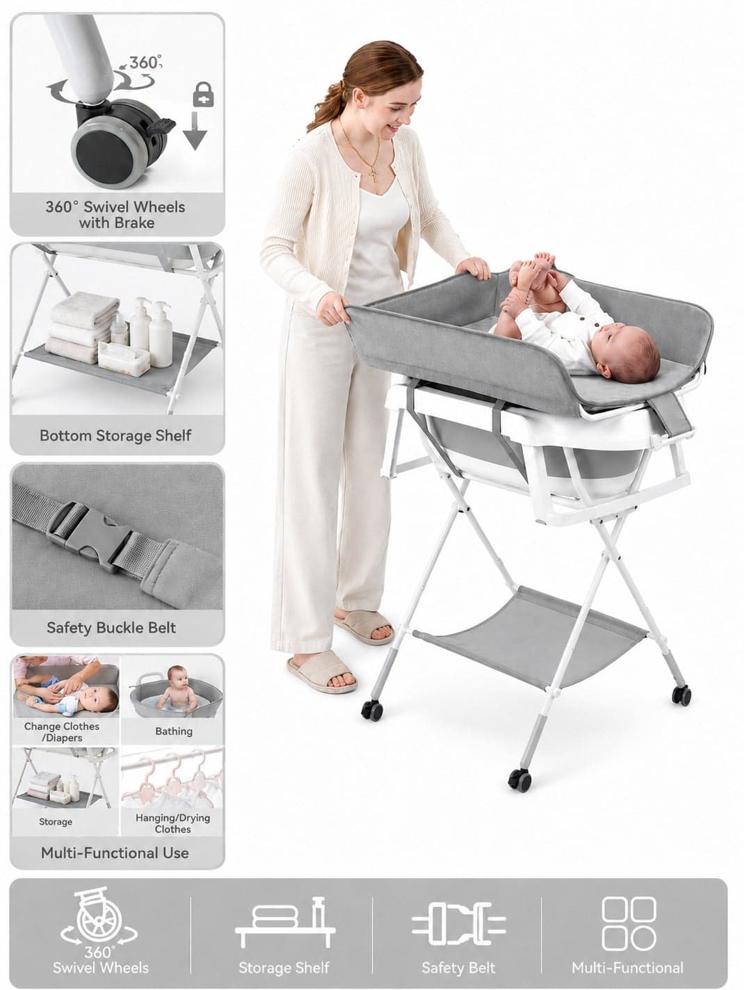 2-in-1 Baby Changing Table with Bathtub, Foldable Diaper Changing Station with Wheels, Height Adjustable Baby Bath & Changing Station with Drain System, Portable Baby Care Table for Newborn Infant, Grey