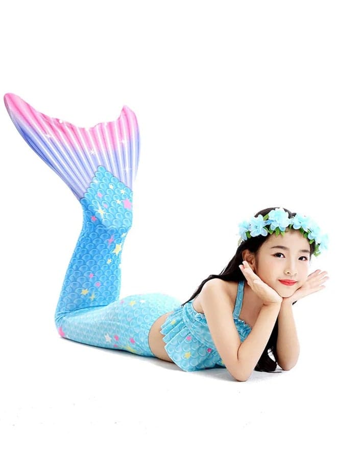 3 PCS The Little Mermaid Tails Costume Set for Girls Princess Dress Bikini Kids Swimsuit Light Blue