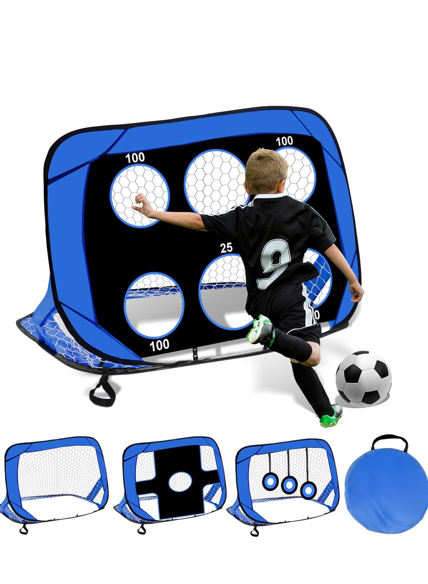 Football Goals for Kids, 4 in 1 Foldable Pop Up Football Goals with Carry Bag Football Goal Posts Portable, Soccer Net Indoor & Outdoor Football Training for Boys Girls, blue