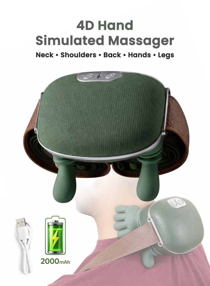 4D Deep Kneading Heated Neck and Shoulder Massager Cordless Rechargeable Wireless Portable Shiatsu Massage Device with Soft Silicone Massage Heads for Neck Back Shoulders Arms Legs Calves Muscle Relaxation Stress Relief 3 Speed Adjustment Bionic Turtle Design Olive Green.