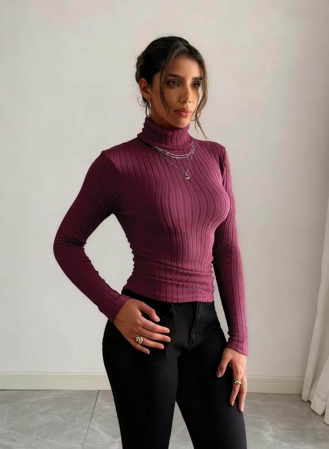 Women Burgundy Ribbed Turtleneck Top