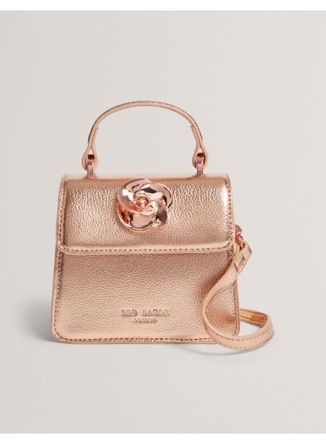 Rose Detail Mini Metallic Top Handle Bag