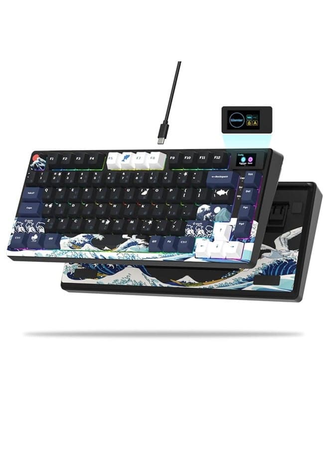 S-K80 Gaming Keyboard,75% Wireless Mechanical Keyboard with Color & OLED Display, Hot Swappable Keyboard, RGB Custom Keyboard Board Mount, Pre-Lubricated Stabilizer for Mac/Win,Black Kanagawa