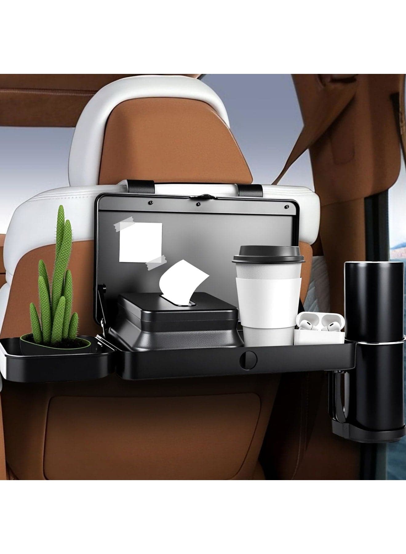 Car Seat Tray for Backseat – Adjustable Multifunctional Car Organizer Food Tray with Cup Holder & Tissue Box – Portable Travel Tray for Eating, Drinking & Entertainment (Black)