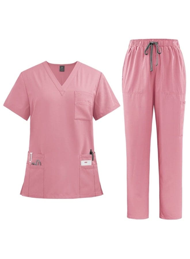 Womens Men Medical Scrubs Set Unisex Scrub Top and Scrub Pant Set Medical Uniform Scrubs Medical Uniform Set (Pink)
