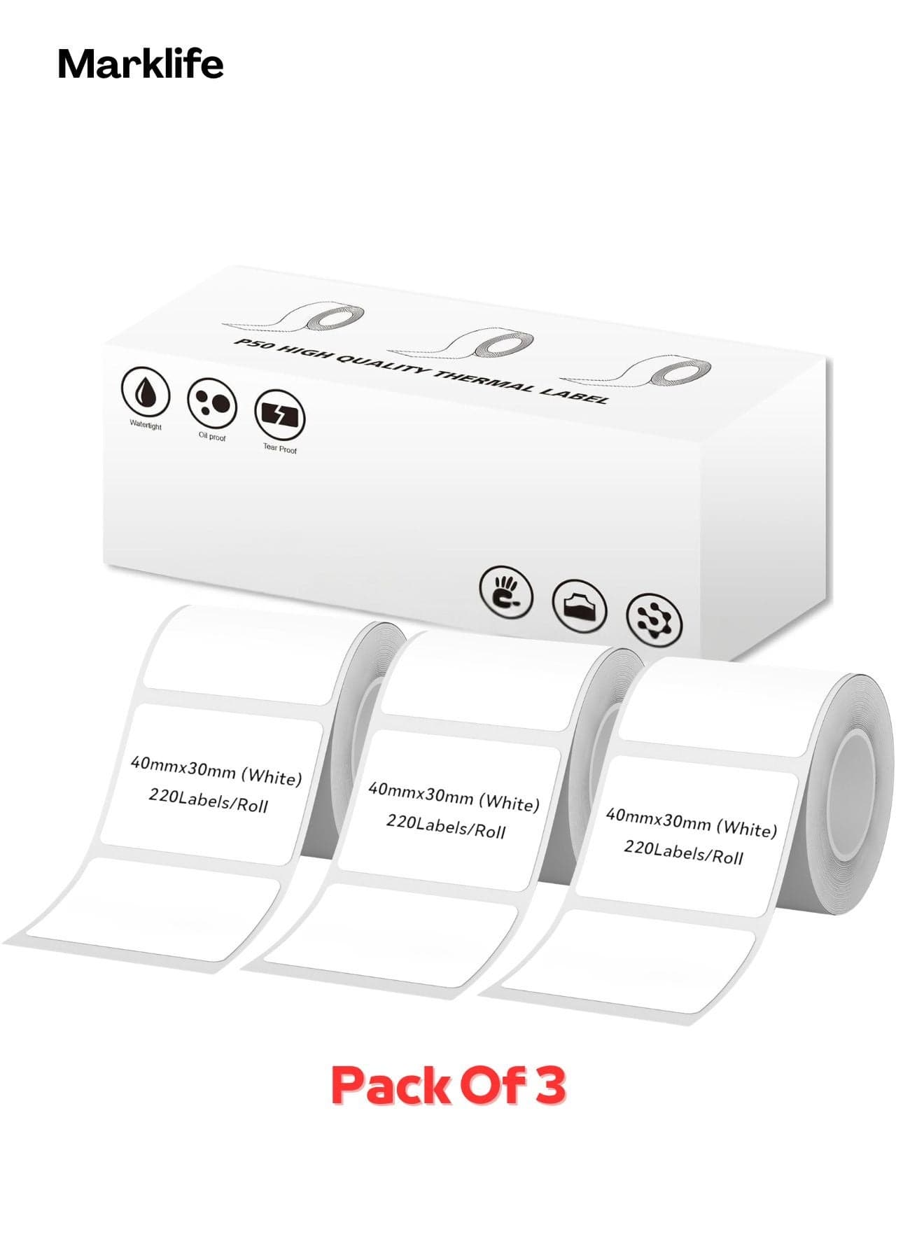 Thermal Label Paper 3-Pack (660 Labels) – 40×30mm White, Waterproof & Oil-Proof Labeling Tape For Label Maker Machine, Ideal For Home Office, Small Business & Barcode Printing