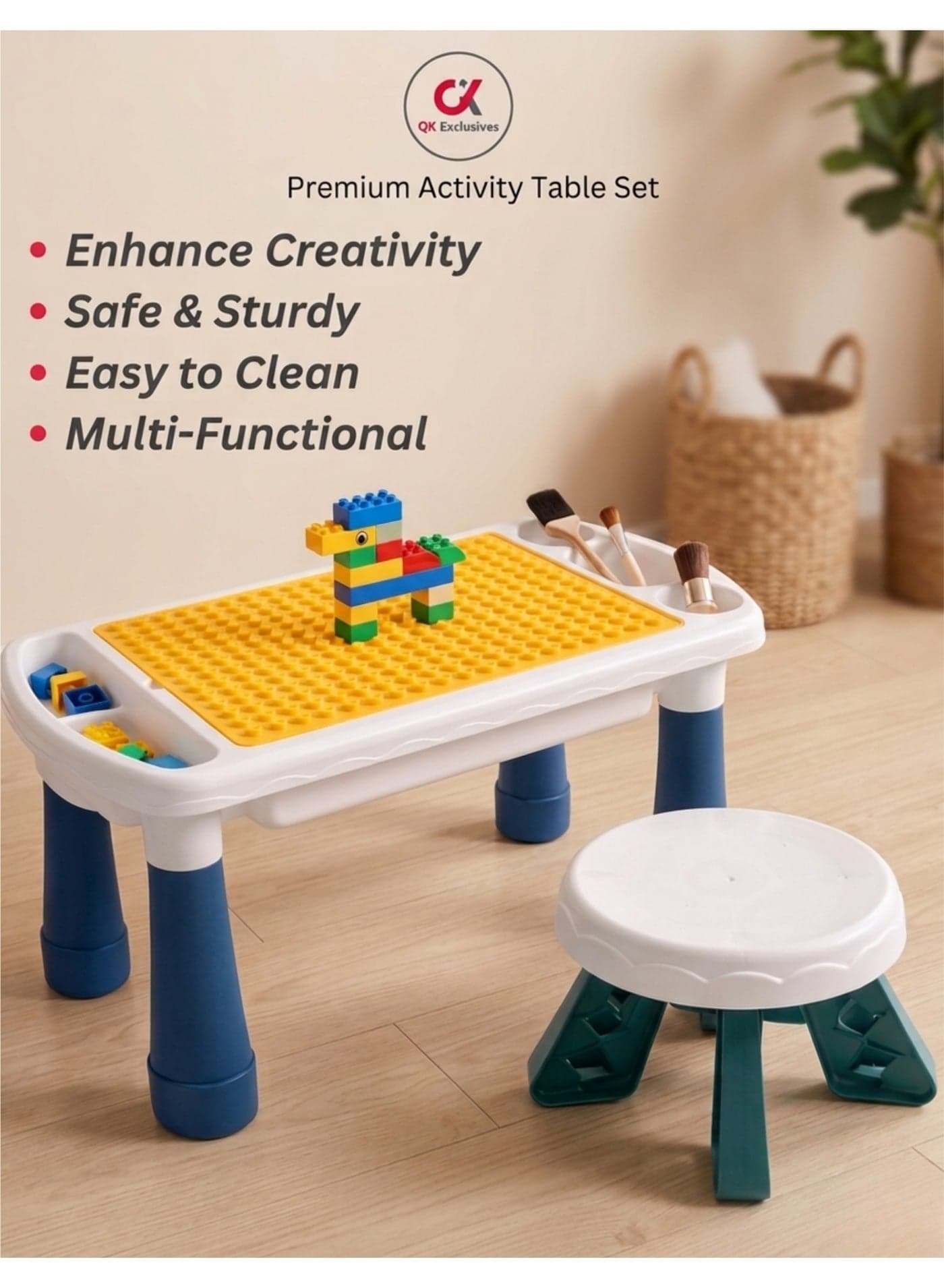 QK Exclusives - 4 in 1, Small activity table For Toddlers 1-4, Kids Multi-Functional Table And Chair, Sand Activity, Water Activity, Lego Activity, Writing & Drawing Table With Storage Box Including 50PCS BLOCKS.