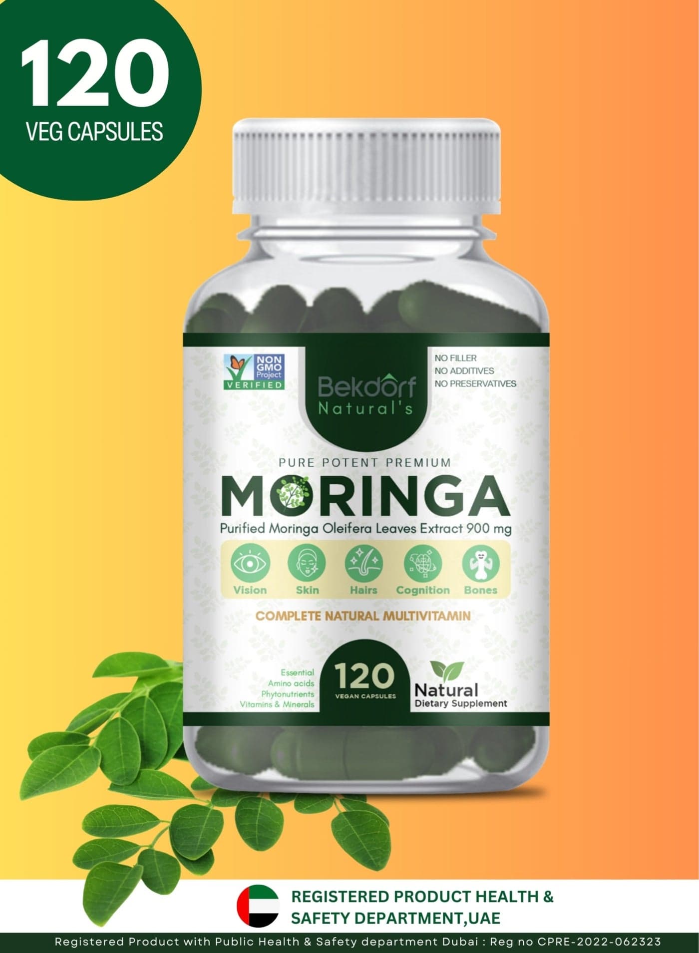 Pure Moringa Leaves Extracts(Standarized to 5% Saponins) -Complete Natural Superfood, Energizing Green Superfood, Immune Support, Antioxidant, Metabolism, 100% Pure, Additives & Preservative free – 120 Vegan Capsules