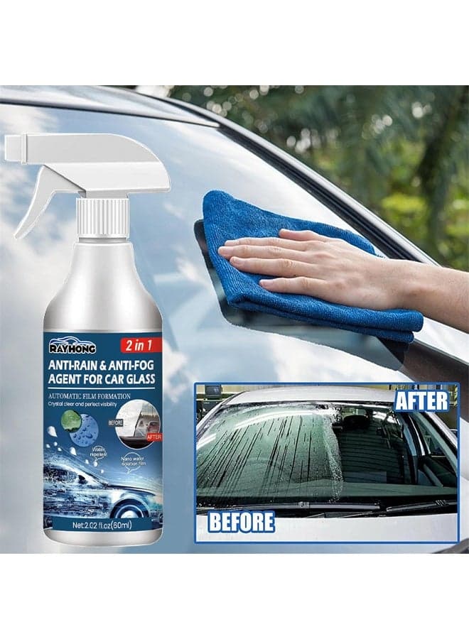 2 In 1 Anti-Rain & Abti-Fog Agent For Car Glass, Auto Rain Agent Spray, Anti Fog Spray For Car Windshield & Glasses, Long-Lasting Defogger For Swim Goggles, Eyeglasses, Ski Lenses, And Mirrors, Water-Repellent Coating For Clear Vision, 60ml