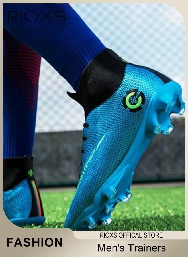 Spikes Track Trainers for Men Youth Teens, Turf Soccer Shoes Cleats, High Tops Football Cleats for Man, Professional Athletic AG Training Football Boots, Outdoor Indoor Cleats Soccer Shoes, Competition Football Boots, Non-Slip Sneakers for Teens Boys, Lightweight Athlesiure Shoes for Racing/ Running/ Jumping/ Training, Football Cleats Trainers Blue Footwear