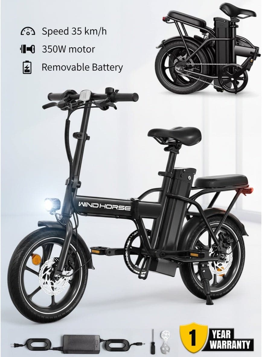 W2A Folding Electric Bike with 350W High Speed Motor, 36V 8AH Battery, 40 KM/H Speed, 35 KM Range, Dual Disk Brakes, Carbon Alloy Frame and 16 Inches Tires, Front Suspension Fort, Portable Electric Bike with Dual Seat