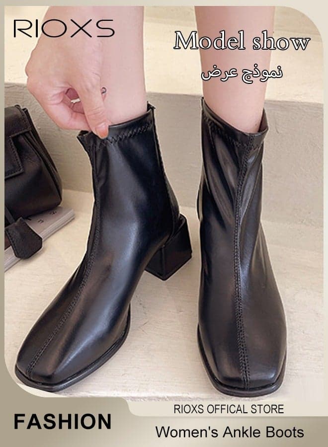 Women's Ankle Boots, Mid Heel Square Toe Boots, Women Patent Leather Boots, Chunky Heel Boots With Back Zippers, Ladies Fashion Short Booties, Classic Chelsea Silhouette Shoes, Black Boots For Women Daily Or Formal Wear, Party Cosplays Dance Booties