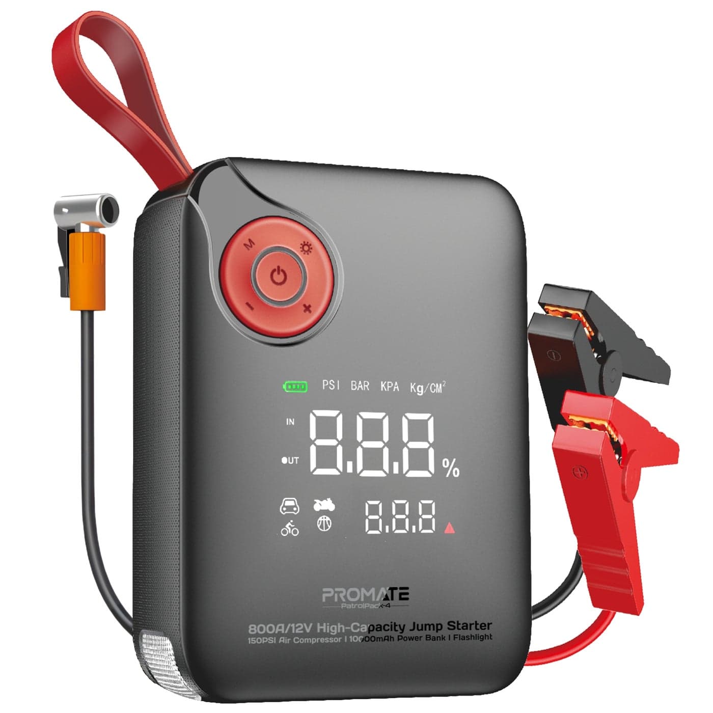 PatrolPack-4 800A Car Jump Starter with 150PSI Air Compressor, 10000mAh Power Bank, LED Flashlight, Dual USB & Type-C Input – 4-in-1 Emergency Starter Kit for Cars, SUVs, Motorcycles