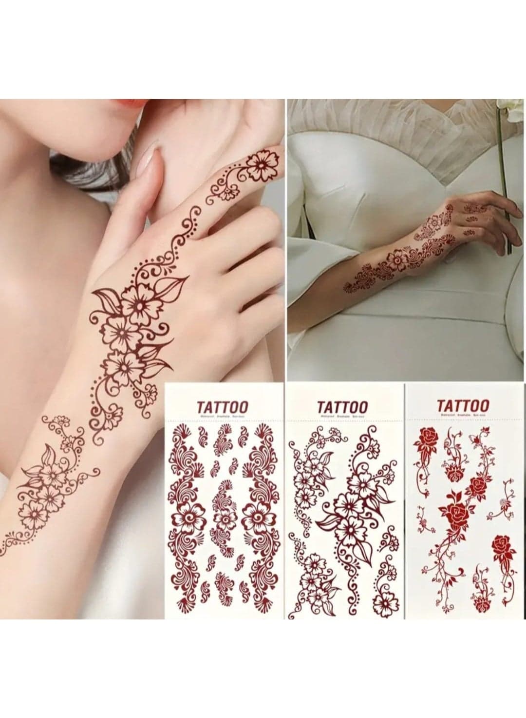 3 Sheet Flower Henna Tattoo Stickers- Easy to Use, Water Transfer, Temporary Tattoo Stickers, Long-Lasting, For Hands and Fingers, Perfect for Women Party And Wedding Body Art Makeup