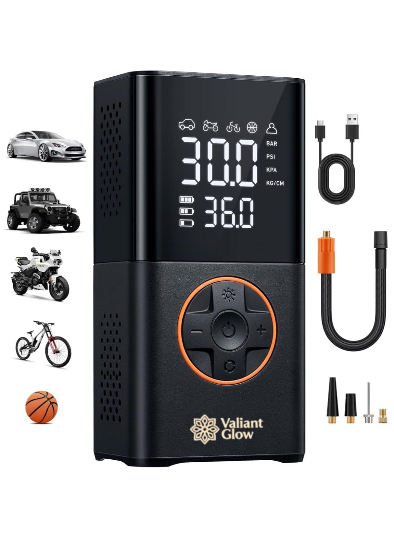 (Emergency Off Road Backup) Air compressor tire inflator (4 nozzles) | Portable cordless bicycle pump | with digital dual-value display | 150 PSI car tire pump with LED light | Suitable for cars, motorcycles, bicycles, balls, inflatable mattresses, pool floats, and vacuum bags.