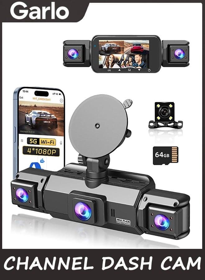 360 View 4 Channel Dash Cam Front and Rear Left Right Inside Camera for Cars, GPS and 5G Band WiFi, Night Vision, 160 Wide Angle, WDR, 24H Parking Mode, Supercapacitor, Included 64GB Card